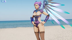 1girls 3d alternate_costume atlantic_mercy beach blizzard_entertainment blue_hair breasts exposed_breasts female female_only fishnets hand_on_hip lingerie mercy noob34 overwatch overwatch_2 overwatch_league pinup solo stockings