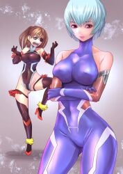 2girls artist_request asuka_langley_sohryu blue_hair bodysuit breasts cleavage clothing eyepatch female female_only hips hourglass_figure human igawa_asagi_(cosplay) large_breasts light-skinned_female light_skin long_hair mizuki_yukikaze_(cosplay) multiple_girls neon_genesis_evangelion orange_hair pale-skinned_female pale_skin rebuild_of_evangelion rei_ayanami short_hair skin_tight taimanin_(series) taimanin_suit