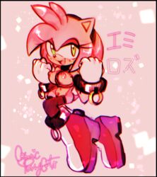 amy_rose anthro breasts clothed clothing cosmicpussycat eulipotyphlan female footwear gloves green_eyes hair handwear hedgehog japanese_text legwear mammal mostly_nude nipples no_underwear open_mouth pink_body pink_hair shoes solo sonic_(series) sonic_the_hedgehog_(series) text thigh_highs tongue wrist_cuff