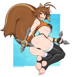 1girls afrobull ass big_breasts big_tail blazblue brown_hair feet female female_focus female_only makoto_nanaya short_hair solo solo_female solo_focus squirrel_ears squirrel_tail stirrup_legwear toeless_legwear underboob