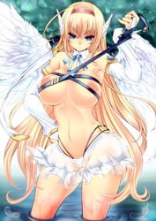 angel angel_wings blonde_hair blue_eyes blush detached_collar detached_sleeves female_focus hairband highres inverted_nipples large_breasts long_hair looking_at_viewer navel nipples o-ring original ran_komomo skirt solo transparent wading water wings