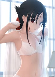 1girls black_hair bra breasts collarbone female female_only flat_chest kaguya-sama_wa_kokurasetai_~tensai-tachi_no_renai_zunousen~ looking_at_viewer open_mouth panties ponytail red_eyes shinomiya_kaguya short_hair siraha small_breasts solo underwear white_bra white_legwear