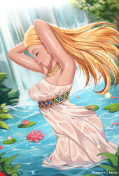 1futa areolae blonde_hair breasts breath_of_the_wild bulge casual cleavage clothed clothing demigoddess detailed_background dress_bulge exlic fully_clothed futa_only futanari horny humanoid hylian intersex nipples outdoors outside pale_skin penis penis_under_clothes penis_under_dress princess_zelda see-through see-through_clothing solo standing the_legend_of_zelda water wet wet_clothes zelda's_ceremonial_robes zelda_(breath_of_the_wild)