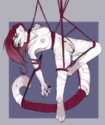 anthro bondage bondage bound breasts daxxorous fangs felid female fur hair hi_res long_tail machairodontine mammal model_sheet namrah_svargeey pubes red_hair rope solo suspension_bondage white_body white_fur