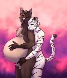 ambiguous_gender animal_genitalia anthro balls canid canine duo empiremaker felid genitals hand_on_stomach head_on_shoulder hi_res male male_pregnancy mammal multi_nipple nipples pantherine pregnant sheath standing tiger