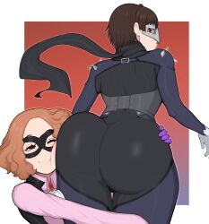 2girls absurd_res afrobull alternate_version_available ass ass_focus ass_grab ass_worship atlus big_ass butt_hug digital_media_(artwork) domino_mask duo face_on_ass female female_face_near_ass female_only female_pervert haru_okumura head_on_ass heart high_resolution huge_ass makoto_niijima mask masked masked_female persona persona_5 phantom_thief_suit png sega skin_tight thick_ass tight_clothing yuri