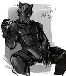 1boy 5_fingers abs armor artist_request artist_signature biceps black_and_white black_armor black_gloves bulge bulge_through_clothing cat cat_ears claws covered_face english_text epic_games erection felid feline felis fortnite gloves grey_background hand_on_leg hand_on_thigh helmet hood human humanoid looking_at_viewer lynx_(fortnite) machine male male_focus mask monochrome muscle muscles muscular muscular_arms muscular_male one_hand_raised one_hand_up pecs penis penis_under_clothes pose presenting presenting_bulge presenting_penis rule_63 seductive seductive_look signature sitting sitting_on_floor solo solo_male spread spread_legs spreading suit text thick_thighs white_claws