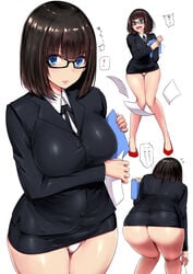 ! ass bent_over black-framed_eyewear black_hair blue_eyes blush breasts business_suit clothed commentary_request eyebrows_visible_through_hair female formal formal_attire formal_clothes formal_wear girl_in_suit glasses highres image ishimiso_(ishimura) large_breasts lips long_sleeves looking_at_viewer microskirt multiple_views necktie office_lady open_mouth original panties pencil_skirt pink_panties shiny shiny_hair shiny_skin short_hair simple_background skirt skirt_suit standing suit suit_and_tie underwear white_background white_panties woman_in_suit