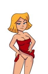 1girls blonde_hair camp_pinewood cleavage clover_(totally_spies) color colored fantasy female flashing_pussy pussy tage totally_spies transparent_background vaultman wet