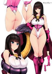 1girls ass blue_eyes bondage boots bound breasts bright_pupils brown_hair cape character_sheet coil commentary_request covered_navel female gloves highleg highleg_leotard highres hip_focus ishimiso_(ishimura) large_breasts leotard long_hair looking_at_viewer multiple_views original sleeveless smile snake snake_bondage superhero thong_leotard white_leotard