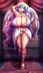 1girls angel angel_wings aqua_hair bare_shoulders blue_hair blush breasts cameltoe cleavage curvy door female horn huge_breasts long_hair looking_at_viewer multicolored_hair my_little_pony my_little_pony_friendship_is_magic parted_lips personification pink_eyes princess_celestia_(mlp) purple_hair sandals smile smooth_skin solo spindles standing thick_thighs toes wide_hips wings