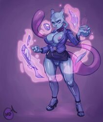 anthro beverage bottomwear breasts business_suit cellphone cleavage clipboard clothed clothing coffee coffee_mug female female_mewtwo genitals hi_res high_heels honi honi_do humanoid legendary_pokémon mew_tuely_(fan_character) mewtwo miniskirt nintendo nipple_slip nipples no_underwear office_lady phone pokemon pokemon_(species) pussy scarf simple_background skirt solo suit telekinesis