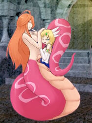 2girls breasts camel_(dansen) clothing echidna_wars_dx forehead_jewel hair_ornament lamia milia milia_wars multiple_girls naga nude orange_hair snake tail unbirthing vaginal_penetration vore yellow_hair