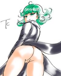 1girls 2020 absurd_res artist_signature ass ass back_view black_clothing bottomless cloak curly_hair female female_focus female_only from_below green_eyes green_hair hair highres no_panties one-punch_man pussy smile solo solo_female solo_focus tatsumaki teece upskirt vagina