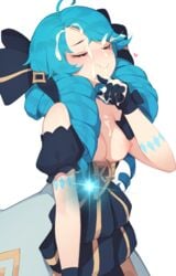 1girls 2021 blue_hair blush breasts ce-_-3 closed_eyes cum cum_in_mouth cum_on_face drill_hair exposed_breasts facial gloves gwen_(league_of_legends) hair_ornament league_of_legends nipples partially_clothed pepper0 riot_games simple_background twin_drills twintails