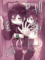 2boys against_door against_wall ahoge blush danganronpa danganronpa_v3 femboy feminine_male flustered gay girly holding_legs holding_object holding_waist leaning_back male male/male male_focus male_only ouma_kokichi pinned rabi_monomono saihara_shuuichi scarf smooth_skin straight_hair sweat sweatdrop tearing_up tears teasing train twink uniform yaoi