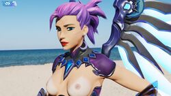 1girls 3d alternate_costume atlantic_mercy beach blizzard_entertainment blue_hair breasts exposed_breasts female female_only fishnets hand_on_hip lingerie mercy noob34 overwatch overwatch_2 overwatch_league pinup solo stockings