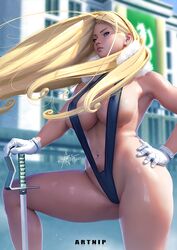 artnip black_swimsuit blonde_hair blue_eyes breasts commentary covered_nipples curvy day english_commentary feather_boa female fullmetal_alchemist gloves hand_on_hip huge_breasts leg_up lips long_hair mismatched_eyebrows navel nose olivier_mira_armstrong one-piece_swimsuit outdoors planted_sword planted_weapon rapier shiny shiny_skin sidelocks slingshot_swimsuit solo standing swimsuit sword thick_eyebrows thick_thighs thighs very_long_hair weapon white_gloves wind wind_lift