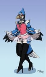 1girls 2016 anthro avian beak bird blue_jay bottomwear breasts chastity_belt chastity_device clothing collar collar_tag corvid dated female female_chastity female_only hi_res jay_(bird) milodesty muzzle_(object) muzzled nebay new_world_jay oscine passerine signature simple_background skirt solo wings