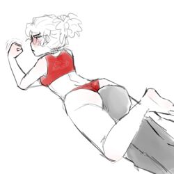 2020 anon artist_signature ass blush bra face_in_ass female glasses hi_res looking_at_hand on_stomach panties rainitty short_hair