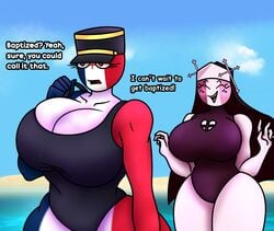 2girls beach big_breasts blue_background countryhumans countryhumans_girl cross crossover ech0chamber english_text female female_only france free_france_(countryhumans) free_french_flag friday_night_funkin hat huge_breasts lesbian mid-fight_masses military_hat nun one-piece_swimsuit sand sarvente_(dokki.doodlez) swimsuit swimwear water yuri