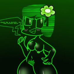 1girls belly_button brain_dump breasts burnbot dallz eyelashes female female_focus flower_in_hair freckles green green_eyes hand_on_hip hotdiggedydemon nipples nude nude_female pubes solo solo_female solo_focus talking_to_viewer thick thick_thighs tv