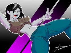 adventure_time belly big_breasts black_hair cartoon_network clothed collarbone dot_eyes faraday_one female female_only marceline marceline_abadeer open_mouth peace_sign short_hair solo stomach v v_sign vampire yuri