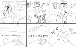 1boy 1girls 5_fingers 6_panel_comic :3 anthro anthro_on_human bedroom_eyes big_ass black_and_white blanket bodily_fluids bottomless brawl_stars canid canine clothed_sex clothing colette_(brawl_stars) colonel_ruffs couch cum dialogue dog_ears edgar_(brawl_stars) ejaculation english_text erection eye_patch fishnets grin hair hair_over_one_eye hand_on_butt hat headphones highres howl human interspecies long_hair long_sleeves looking_back motion_lines no_eyewear no_panties ruffs shirt smile smiling spike_(brawl_stars) squeak_(brawl_stars) teeth television text tongue tongue_out twerking