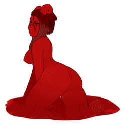 2020 artist_signature ass black_sclera blood blood_puddle blush breasts demon demon_girl female goo_girl hi_res horn horns looking_back monster_girl nose_piercing nude period_(rainitty) rainitty red_body red_hair red_skin sideboob simple_background slime_girl solo thick_thighs thighs