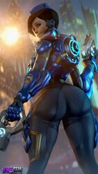 1girls 3d alternate_costume ass atsuko_(artist) big_ass big_butt blizzard_entertainment bodysuit cadet_oxton chronal_accelerator dat_ass female female_only firearm handgun harness human overwatch skin_tight solo source_filmmaker tracer