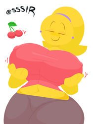 anthro belly_button big_breasts breast_support breasts cherries cherry earrings emoji_(race) emoji_milf emojifam_(sssir8) erect_nipples_under_clothes female female_only hands_on_breasts huge_breasts large_breasts mature mature_female milf mob_face mother navel no_outlines slobbyslapper sssir sssir8 thick_thighs tight_clothing tight_pants tight_shirt top_heavy wide_hips yellow_body yellow_hair yellow_skin