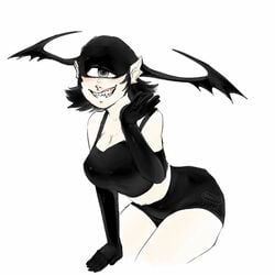 artist_signature bat_wings black_hair breasts cleavage crop_top cyclops elbow_gloves female hand_on_leg head_wings leaning_forward looking_at_viewer open_smile pointy_ears purple_iris rainitty sharp_teeth short_hair shorts smile solo sports_bra