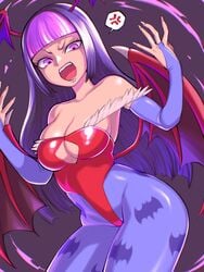 1girls angry_face arm_gloves bangs bat_print black_background black_hair blue_pantyhose blunt_bangs capcom cleavage clothing cosplay darkstalkers demon_wings female female_only head_wings hi_res juri_han leotard lilith_aensland_(cosplay) long_hair looking_at_viewer open_mouth pantyhose pink_eyes pink_highlights small_breasts solo solo_female street_fighter street_fighter_v wings