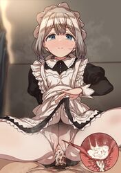 1boy 1girls bangs black_dress blue_eyes blush censored circle_dress closed_mouth clothed_sex clothing cowgirl_position cross_section cum cum_in_pussy cum_in_uterus cum_inside dress dress_lift erere female female_on_top grey_hair idolmaster idolmaster_shiny_colors internal_cumshot juliet_sleeves lifted_by_self long_sleeves looking_at_viewer maid maid_headdress male mosaic_censoring overflow pantyhose penetration penis pov puffy_sleeves pussy serizawa_asahi sex sex_in_dress short_hair solo_focus spread_legs straddling straight uterus vaginal_penetration white_legwear