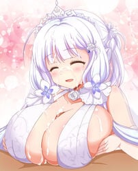 1boy after_paizuri afuro azur_lane bare_shoulders blue_eyes breast_grab breasts bridal_veil clothing cum cum_on_body cum_on_breasts cum_on_clothes cum_on_hair dress ejaculation_between_breasts eyebrows_visible_through_hair facial female flower grabbing halter_dress halterneck huge_breasts illustrious_(azur_lane) illustrious_(morning_star_of_love_and_hope)_(azur_lane) lace-trimmed_dress lace_trim long_hair mole mole_under_eye official_alternate_costume open_mouth outercourse paizuri paizuri_under_clothes penis rose tiara tri_tails veil wedding_dress white_dress white_flower white_hair white_rose