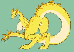 anthro anus ass bedroom_eyes bent_over big_breasts big_butt breasts dragon female genitals hanging_breasts horn lizard long_tail looking_at_viewer narrowed_eyes nipples non-mammal_breasts pussy reptile sanfingulipunrapin scales scalie seductive simple_background smile solo spikes yellow_body yellow_scales