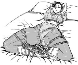 1girls ass bb_(baalbuddy) bed big_ass big_breasts big_thighs bondage bound breasts chun-li clothed clothed_female clothing disinterested emotionless expressionless eyes female female_only fully_clothed looking_at_viewer lying monochrome on_back on_bed open_eyes pantyhose rope rope_bondage sad solo street_fighter
