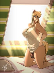 2020 3:4 animal_genitalia anise anthro areola balls bed big_breasts blonde_hair blue_eyes breasts clothed clothing digital_media_(artwork) equid equine freckles_(artist) fully_sheathed furniture futanari genitals gynomorph hair hi_res horse huge_breasts inside intersex long_hair looking_at_viewer mammal negligee nightgown on_bed sheath signature smile solo thick_thighs translucent translucent_clothing