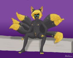 absurd_res anthro anubis anus ass black_body black_fur blonde_hair blue_eyes blue_nails blue_toenails canid canine canis colored_nails deity ear_piercing ear_ring egyptian_mythology feet female fur genitals graham_(artist) grin hair hi_res humanoid_feet humanoid_genitalia humanoid_pussy jackal karat_goldenrod kitsune_youkai lips mammal middle_eastern_mythology mythology nails navel navel_piercing nipple_piercing nipples piercing purple_background pussy simple_background sitting smile solo sparkles spread_legs spreading toes yellow_body yellow_fur yellow_lips yellow_tail