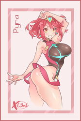 1girls arm_up arms_up_pose earrings hair_ornament one-piece_swimsuit pyra red_hair short_hair source_request swimsuit tagme x-teal xenoblade_(series) xenoblade_chronicles_2