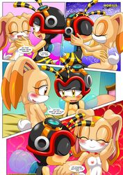 a_new_play_(comic) aged_up ass bbmbbf bed bedroom blush breasts charmy_bee comic cream_the_rabbit female kissing kissing_hand male mobius_unleashed nude palcomix sega small_breasts sonic_(series) sonic_the_hedgehog_(series)