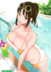 ass bikini breasts eyewear_on_head looking_at_viewer original original_character pool poolside sasamori_tomoe sunglasses sunglasses_on_head tagme water