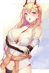 1girls 2020 arms_under_breasts armwear azur_lane big_breasts bikini_bottom black_bikini_bottom blonde_hair breasts cleavage covered_nipples female female_focus female_only hairbow hand_under_breasts horns kumano_(azur_lane) light-skinned_female light_skin long_hair looking_at_viewer mizuya_nao nail_polish nails navel no_bra open_mouth open_shirt purple_eyes red_horns sakura_empire_(azur_lane) shirt solo standing white_shirt