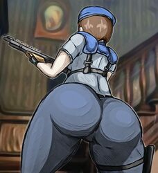 1girls ass back_view beret big_ass biggy_deez blue_pants capcom fat_ass female_focus female_only huge_ass jill_valentine jill_valentine_(julia_voth) no_eyewear police_uniform resident_evil resident_evil_remake shotgun tight_clothes tight_clothing tight_pants traditional_media_(artwork)