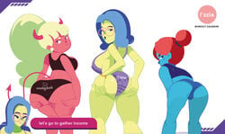 3girls big_ass big_butt bikini bikini_bottom bikini_top blonde_hair blue_hair blue_skin demon_horns demon_tail dialogue_box earrings english_text female female_only glasses going_under gosgoz horns jackie_fiasco kara_(going_under) looking_at_viewer multiple_girls pinup presenting presenting_hindquarters red_hair red_skin swimsuit swimwear tail tappi_(going_under) yellow_hair yellow_skin