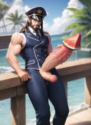 ai_generated beard black_hair chad clothing dota_2 giant_penis kunkka_(dota) male moustache muscle penis watermelon