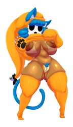 2021 absurd_res animal_humanoid areola bell big_areola big_breasts blue_body blue_fur blue_hair breasts brown_body brown_skin bunihud cat_humanoid citrine_(taokakaguy) claws clothed clothing clothing_lift dark_body dark_skin empty_eyes fan_character felid felid_humanoid feline feline_humanoid female front_view full-length_portrait fur genitals glistening glistening_body glistening_skin hair headgear headwear hi_res huge_breasts humanoid inner_ear_fluff jingle_bell legwear mammal mammal_humanoid mario_(series) mask navel nintendo nipples partially_clothed portrait pubes pussy sadflowerhappy shy_gal solo standing stockings suntan tan_line tanline thick_thighs thigh_highs tuft video_games