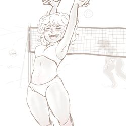 armpits arms_up artist_signature beach bikini blush crab female female_focus line_art male open_mouth open_smile rainitty short_hair simple_shading sketch smile solo_focus volleyball volleyball_net