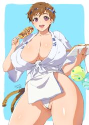 :d breasts brown_hair cleavage covered_nipples female food fundoshi hachimaki headband highres japanese_clothes looking_at_viewer open_mouth original purple_eyes short_hair smile solo teeth very_short_hair water_balloon yajiro_masaru yamakasa