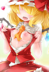 akihara_nakuru ascot asymmetrical_hair between_breasts blonde_hair blush bow breasts clothing cute_fang female female flandre_scarlet hair_over_eyes hat hat_bow headwear heart medium_breasts nipples no_bra open_clothes open_mouth open_shirt pinky_out ponytail shirt short_hair side_ponytail skirt skirt_set solo tied_hair touhou wings